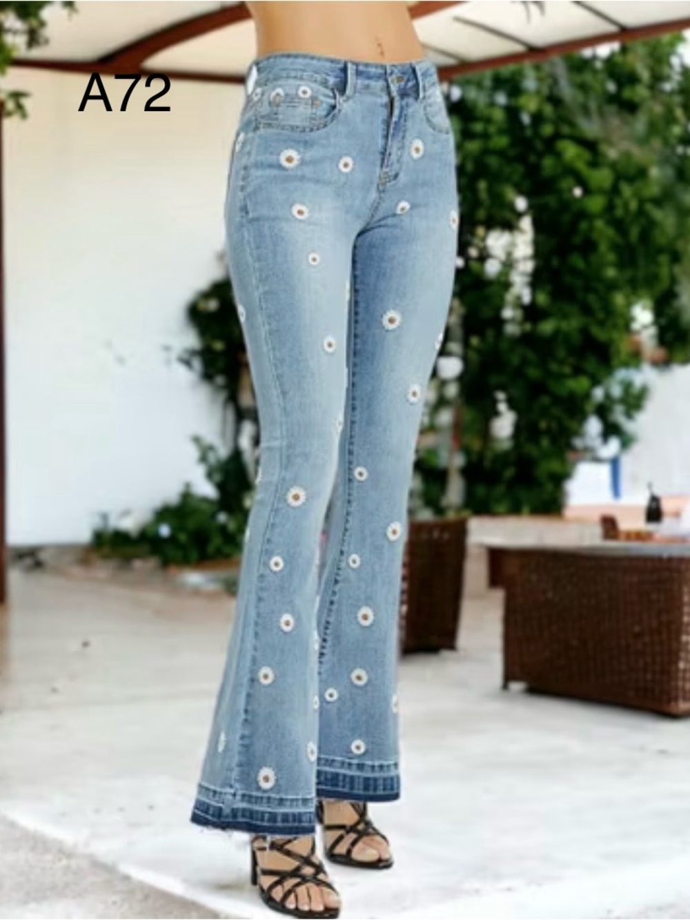 Anna-Kaci Daisy Embroidered Light Wash Flare Jeans - Light Blue,size 25